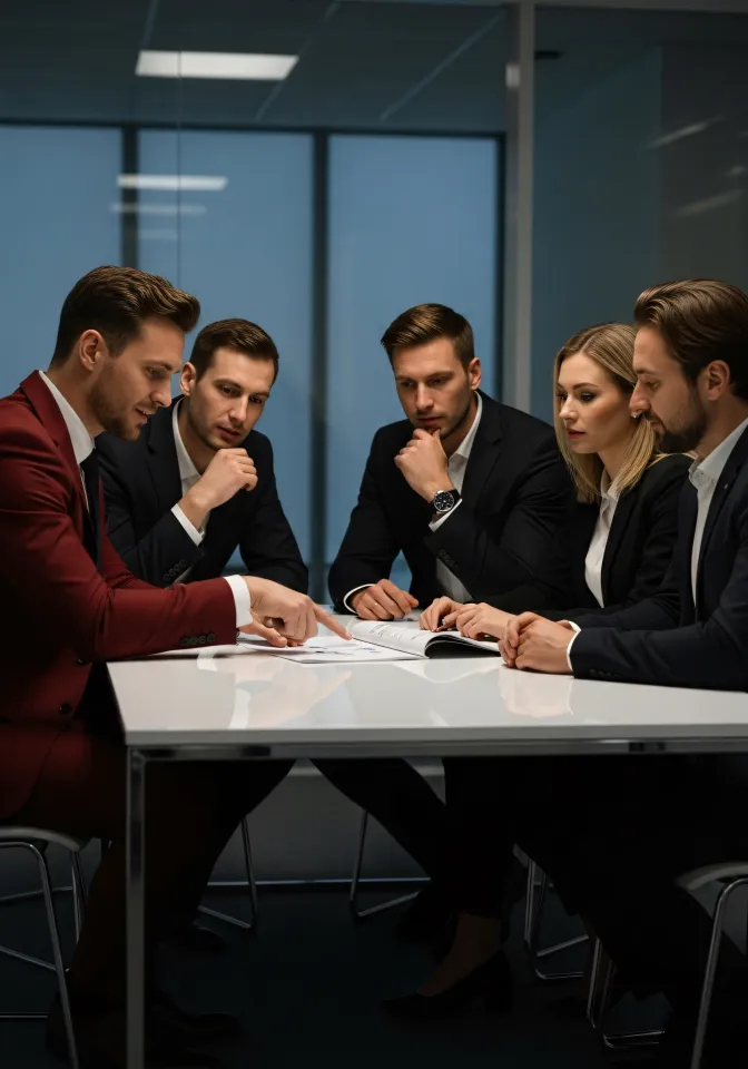 Analista con tablet mostra risultati ad équipe manageriale