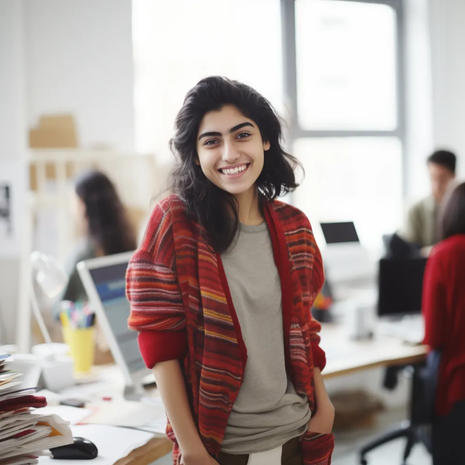 Paola Bianchi seduta a scrivania in azienda